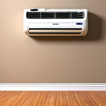 ** An air conditioner unit installed high on a wall in a home, with attention to proper height (7-8 feet from the ground). The image should illustrate good air circulation in the room, avoiding furniture obstruction.

**