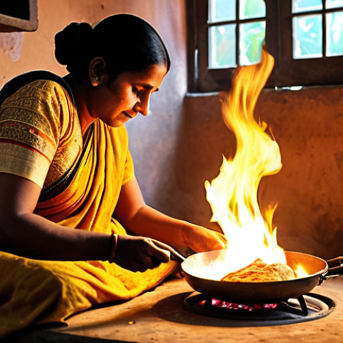 Home 16 **Image:** A cozy Bengali kitchen scene. A woman is carefully reheating roti on a gas stove, using tongs. Focus on the warmth of the fire and the traditional cooking method. Emphasis on the golden-brown color of the roti.