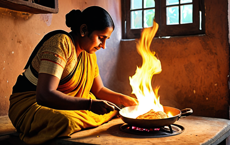**Image:** A cozy Bengali kitchen scene. A woman is carefully reheating roti on a gas stove, using tongs. Focus on the warmth of the fire and the traditional cooking method. Emphasis on the golden-brown color of the roti.