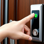**A digital door lock with a low battery symbol displayed, with a hand reaching to replace the batteries.**