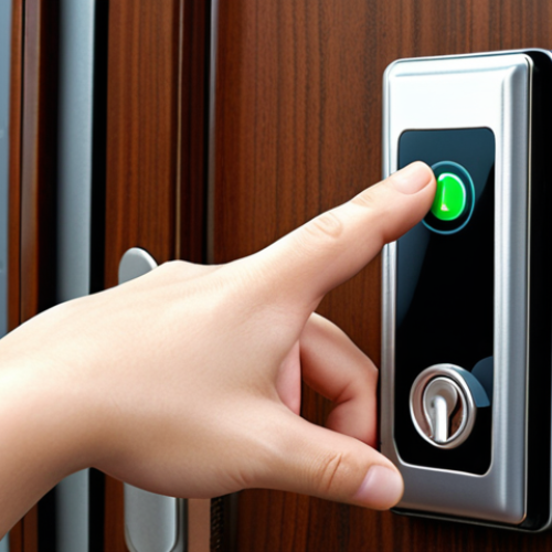 Home 9 **A digital door lock with a low battery symbol displayed, with a hand reaching to replace the batteries.**