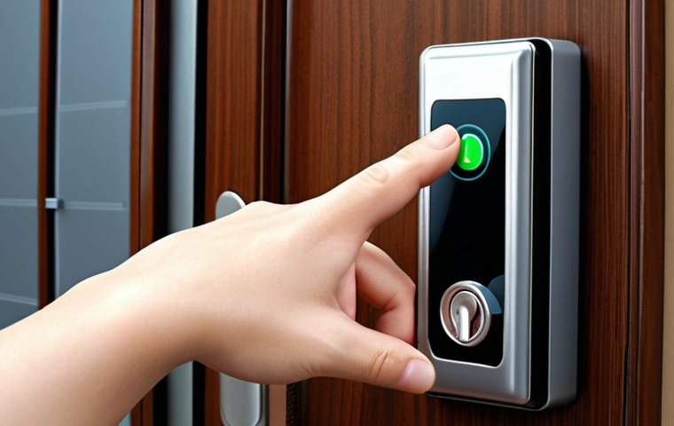 **A digital door lock with a low battery symbol displayed, with a hand reaching to replace the batteries.**