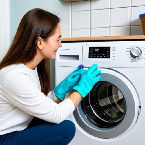 **

A fully clothed woman wearing gloves is cleaning a washing machine filter in a modest home laundry room. She is using an old toothbrush to scrub away debris. A small bucket sits nearby to catch water. The washing machine is a modern, front-loading model. Clean, bright lighting, family-friendly, appropriate content, safe for work, perfect anatomy, natural proportions, professional photography.

**