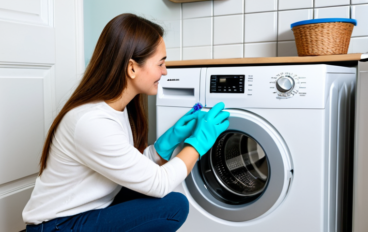**

A fully clothed woman wearing gloves is cleaning a washing machine filter in a modest home laundry room. She is using an old toothbrush to scrub away debris. A small bucket sits nearby to catch water. The washing machine is a modern, front-loading model. Clean, bright lighting, family-friendly, appropriate content, safe for work, perfect anatomy, natural proportions, professional photography.

**