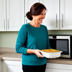 **

A modern kitchen scene. A woman in her thirties, wearing modest, everyday clothing, is smiling as she takes a casserole dish out of a microwave oven. The kitchen is clean and bright, with stainless steel appliances. Safe for work, appropriate content, fully clothed, family-friendly. Perfect anatomy, correct proportions, natural pose, well-formed hands.

**