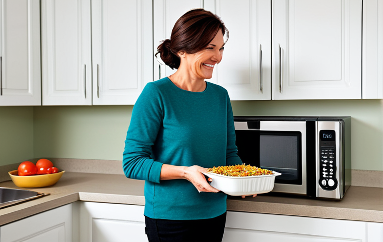 **

A modern kitchen scene. A woman in her thirties, wearing modest, everyday clothing, is smiling as she takes a casserole dish out of a microwave oven. The kitchen is clean and bright, with stainless steel appliances. Safe for work, appropriate content, fully clothed, family-friendly. Perfect anatomy, correct proportions, natural pose, well-formed hands.

**
