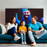 A family-friendly living room setup for movie night. The scene features a matte white projector screen displaying a vibrant, animated movie. A fully clothed family (parents and two children) sits comfortably on a large sofa, enjoying popcorn. The room is modestly decorated with warm lighting and comfortable furniture. "Safe for work," "appropriate content," "fully clothed," "professional photography," "perfect anatomy," "natural proportions," "family-friendly."
