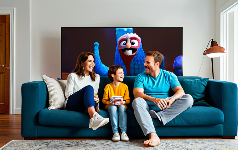 A family-friendly living room setup for movie night. The scene features a matte white projector screen displaying a vibrant, animated movie. A fully clothed family (parents and two children) sits comfortably on a large sofa, enjoying popcorn. The room is modestly decorated with warm lighting and comfortable furniture. "Safe for work," "appropriate content," "fully clothed," "professional photography," "perfect anatomy," "natural proportions," "family-friendly."