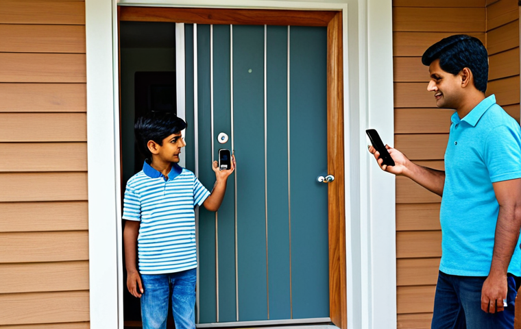 홈시큐리티 시스템 설정 - Smart Door Lock**
"A modern, fully clothed South Asian family approaching their front door, equippe...