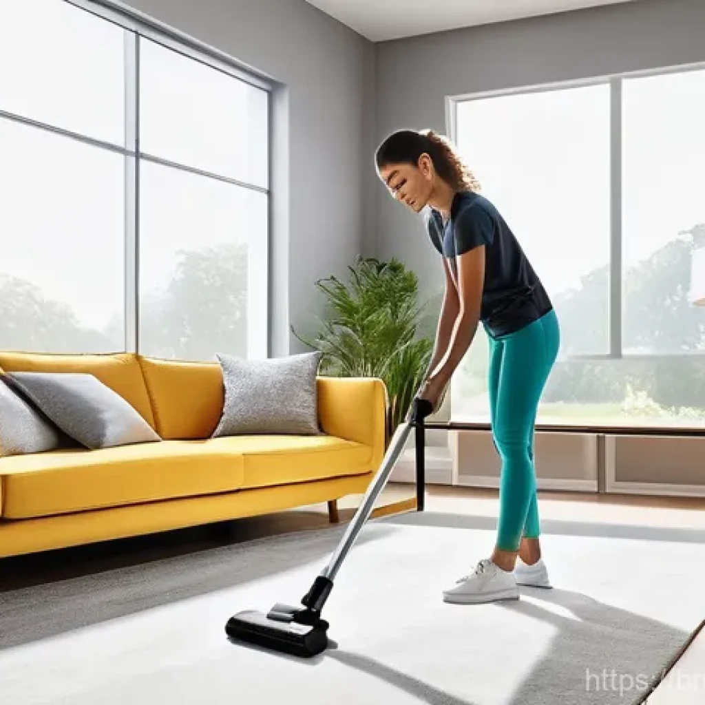 무선 청소기 충전 시간 - **Prompt 1: A Modern Home Cleaning Scene**
A happy young woman in her late 20s, wearing comforta...