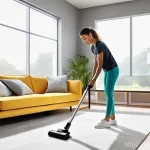무선 청소기 충전 시간 - **Prompt 1: A Modern Home Cleaning Scene**
A happy young woman in her late 20s, wearing comforta...
