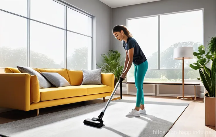 무선 청소기 충전 시간 - **Prompt 1: A Modern Home Cleaning Scene**
A happy young woman in her late 20s, wearing comforta...