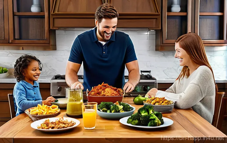 에어프라이어 레시피 모음 - **Prompt 1: Healthy Family Feast with Air Fryer Delights**
A vibrant, sunlit kitchen scene where...