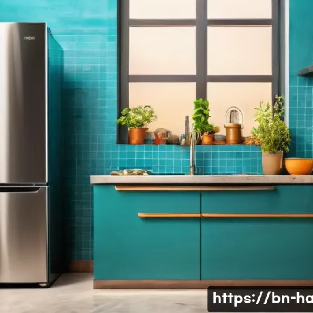 홈가전 구매 가이드 - A modern Bengali household kitchen scene showcasing a high-quality, durable refrigerator with a slee...