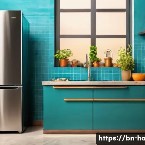 홈가전 구매 가이드 - A modern Bengali household kitchen scene showcasing a high-quality, durable refrigerator with a slee...