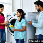 홈가전 렌탈 장단점 - A modern Bengali middle-class family in a bright, clean living room setting, happily using rented ho...