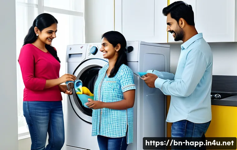 홈가전 렌탈 장단점 - A modern Bengali middle-class family in a bright, clean living room setting, happily using rented ho...