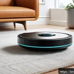 로봇 청소기 추천 - A modern living room scene featuring a sleek robot vacuum cleaner with lidar and vision navigation t...