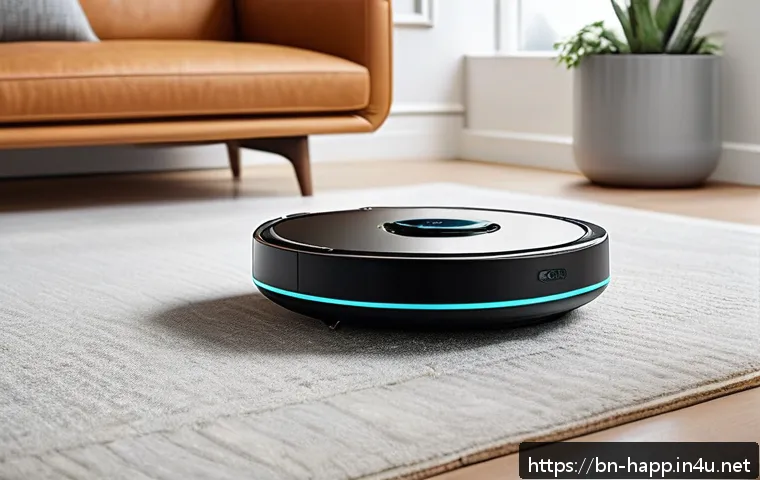 로봇 청소기 추천 - A modern living room scene featuring a sleek robot vacuum cleaner with lidar and vision navigation t...