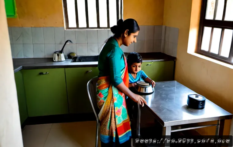 가전제품 전자파 차단 방법 - Photorealistic modern Bangladeshi family kitchen, a woman placing a small countertop appliance farth...