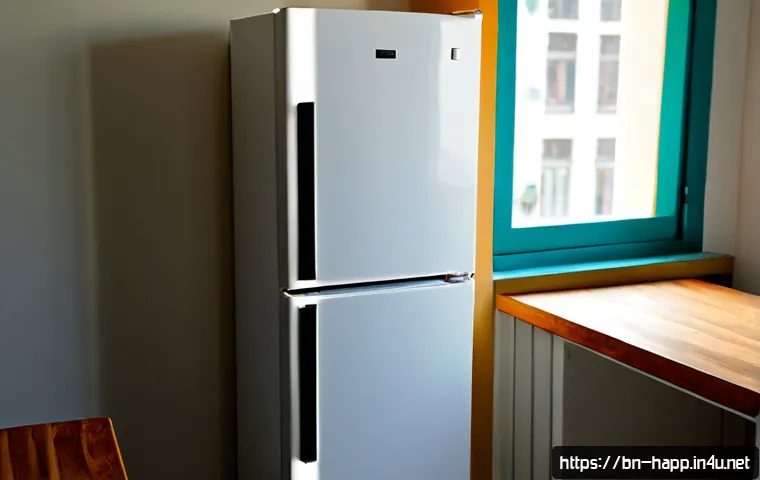 소형 냉장고 추천 - Photorealistic compact single-door refrigerator in a bright, tidy small apartment kitchen, door clos...